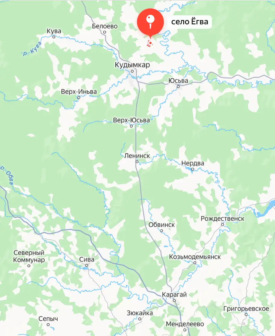 Схема маршрута Ёгва - Кудымкар - Менделеево
