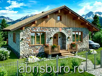 K1157-107 Проект одноэтажного коттеджа с двухскатной кровлей и пристроенной террасой сзади дома общей площадью 106,8 м2