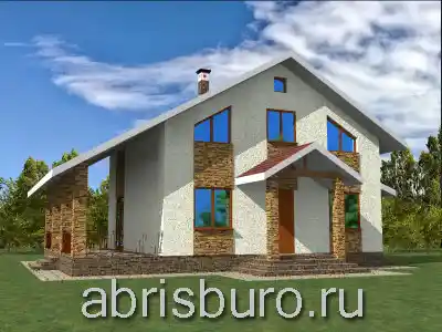 K1193-135 Проект 1,5 этажного мансардного коттеджа с пристроенной крытой террасой и двухскатной щипцовой крышей