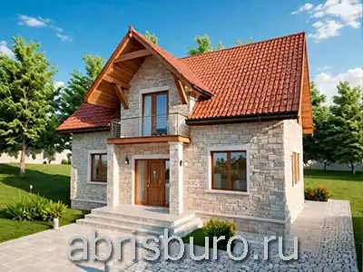 K1226-148 Проект двухэтажного мансардного коттеджа с многощипцовой кровлей, подвалом, двумя балконами, тремя спальнями и кабинетом общей площадью 148,35 кв.м2 и габаритными размерами 14,97 х 9,7 метров