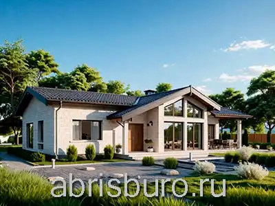 K1227-109 Проект одноэтажного коттеджа с тремя спальнями, террасой  и щипцовой крышей общей площадью 109,1 м2 и габаритными размерами 14,5 х 9,9 метров.