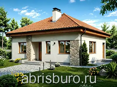 K1228-122 Проект одноэтажного коттеджа из газобетонных блоков с тремя спальнями, крыльцом, террасой и вальмовой кровлей