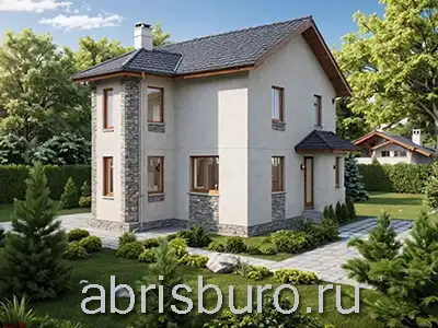 K1232-137 Проект двухэтажного компактного загородного дома с тремя спальнями и эркером общей площадью 137,17 кв.м2 и габаритными размерами 10,45 х 10,4 метров