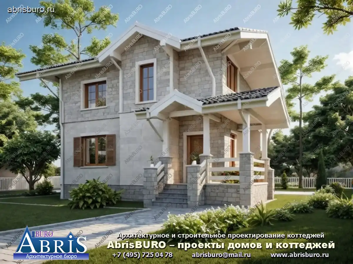 K1233-106 Проект двухэтажного компактного комбинированного загородного дома-бани с балконом и двумя спальнями на втором этаже