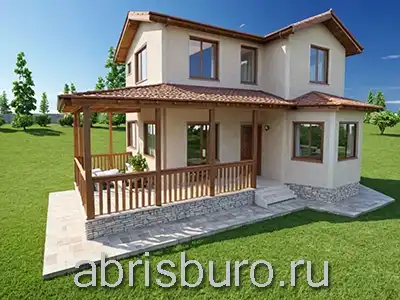 K1234-101 Проект небольшого двухэтажного загородного дома с тремя спальнями и террасой общей площадью 101,1 кв.м. и габаритными размерами 9,48 х 7,48 метров.