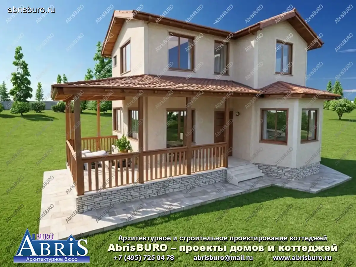 K1234-101 Проект небольшого двухэтажного загородного дома с тремя спальнями и террасой общей площадью 101,1 кв.м. и габаритными размерами 9,48 х 7,48 метров.