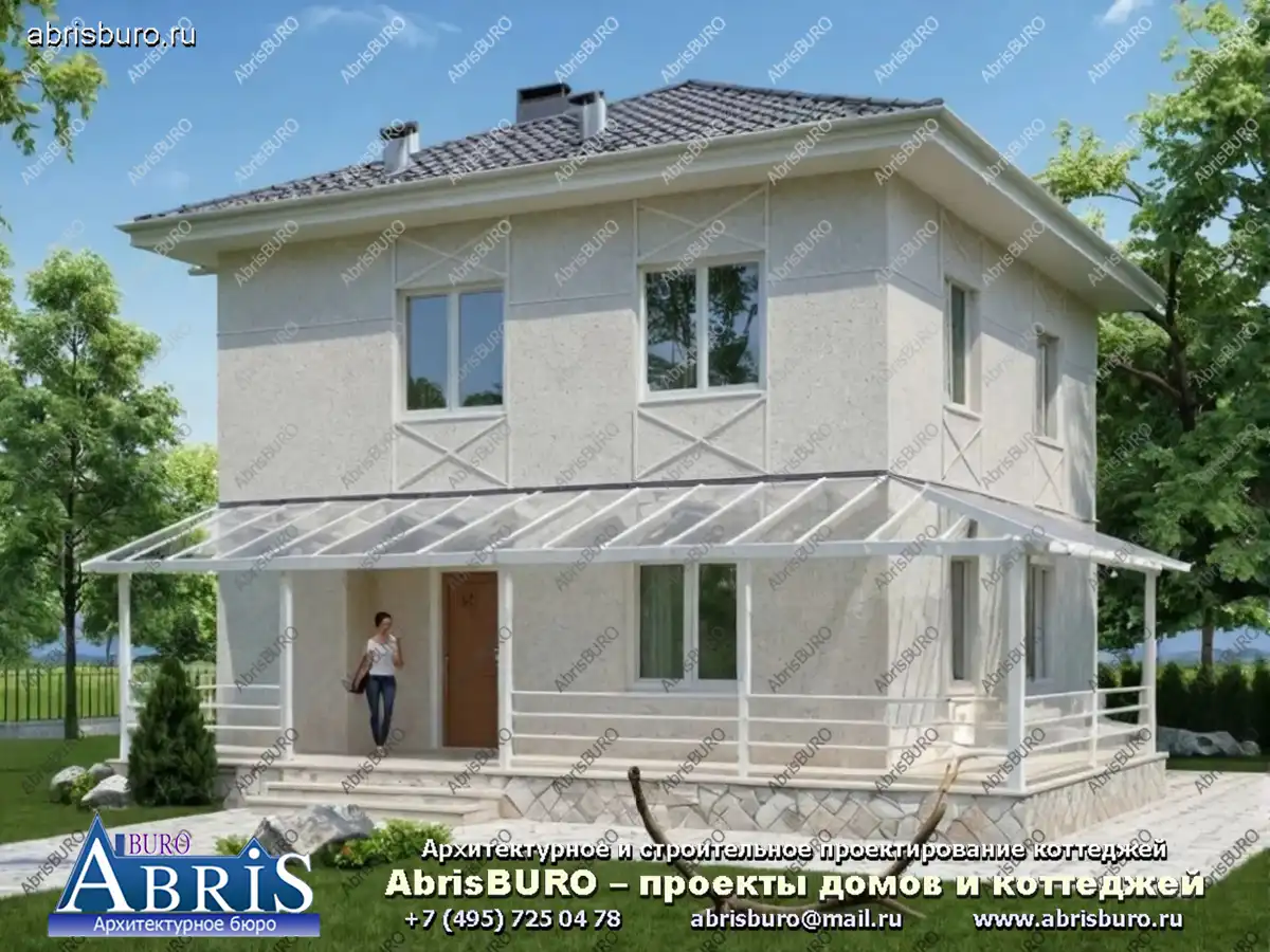 K1235-117 Проект двухэтажного коттеджа с 4 спальнями и террасой общей площадью 117,38 м2 и габаритными размерами 9,03 х 9,03 метров.