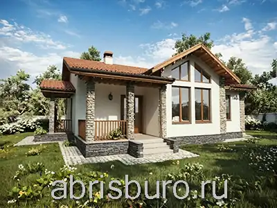 K1237-133 Проект одноэтажного красивого дома с террасой, вторым светом в гостиной и 3 спальнями