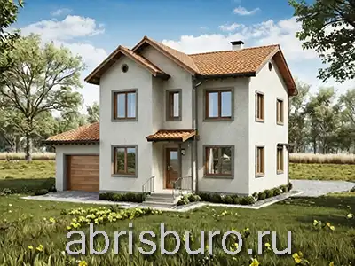 K1239-141 Проект 2-х этажного дома с пристроенным гаражом, подвалом, террасой и 4-мя спальнями