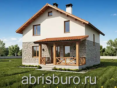 K1240-146 Проект мансардного 2-х этажного дома с крыльцом, большой гостиной-кухней-столовой и 4-мя спальнями