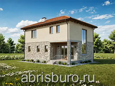 K1242-116 Проект двухэтажного дома-бани с террасой, двумя спальнями, кухней-гостиной и вторым светом