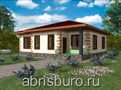 K1247-102 Проект одноэтажного коттеджа с тремя спальнями, крыльцом, кухней-гостиной, камином и вальмовой крышей из газобетонных блоков общей площадью 101,95 м2 и габаритными размерами 12,12 х 11,8 метров