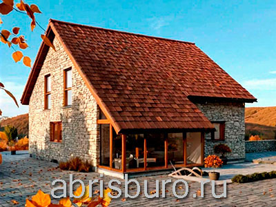 Проект коттеджа K1253-130 с вторым мансардным этажом, эффектной верандой и тремя спальнями