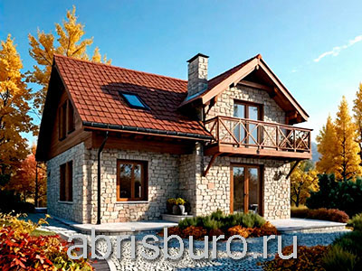 Проект коттеджа K1261-148 со вторым мансардным этажом, камином, балконом и крыльцом