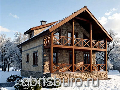 Проект мансардного коттеджа K1263-145 с балконом и террасой в стиле шале