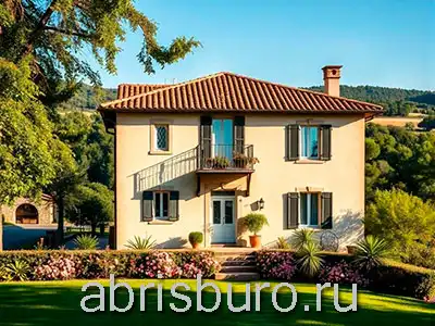 K1273-149 Проект двухэтажного коттеджа в итальянском стиле, вальмовой крышей, балконом и 5 спальнями