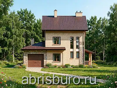 K1281-121 Проект двухэтажного дома с пристроенным гаражом, террасой и камином