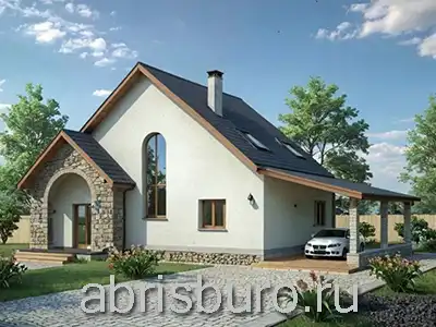 Проект мансардного коттеджа с террасой и крытым навесом для машины K14-150 с габаритными размерами 13,1х10,3 м, общей площадью 148,5 м2