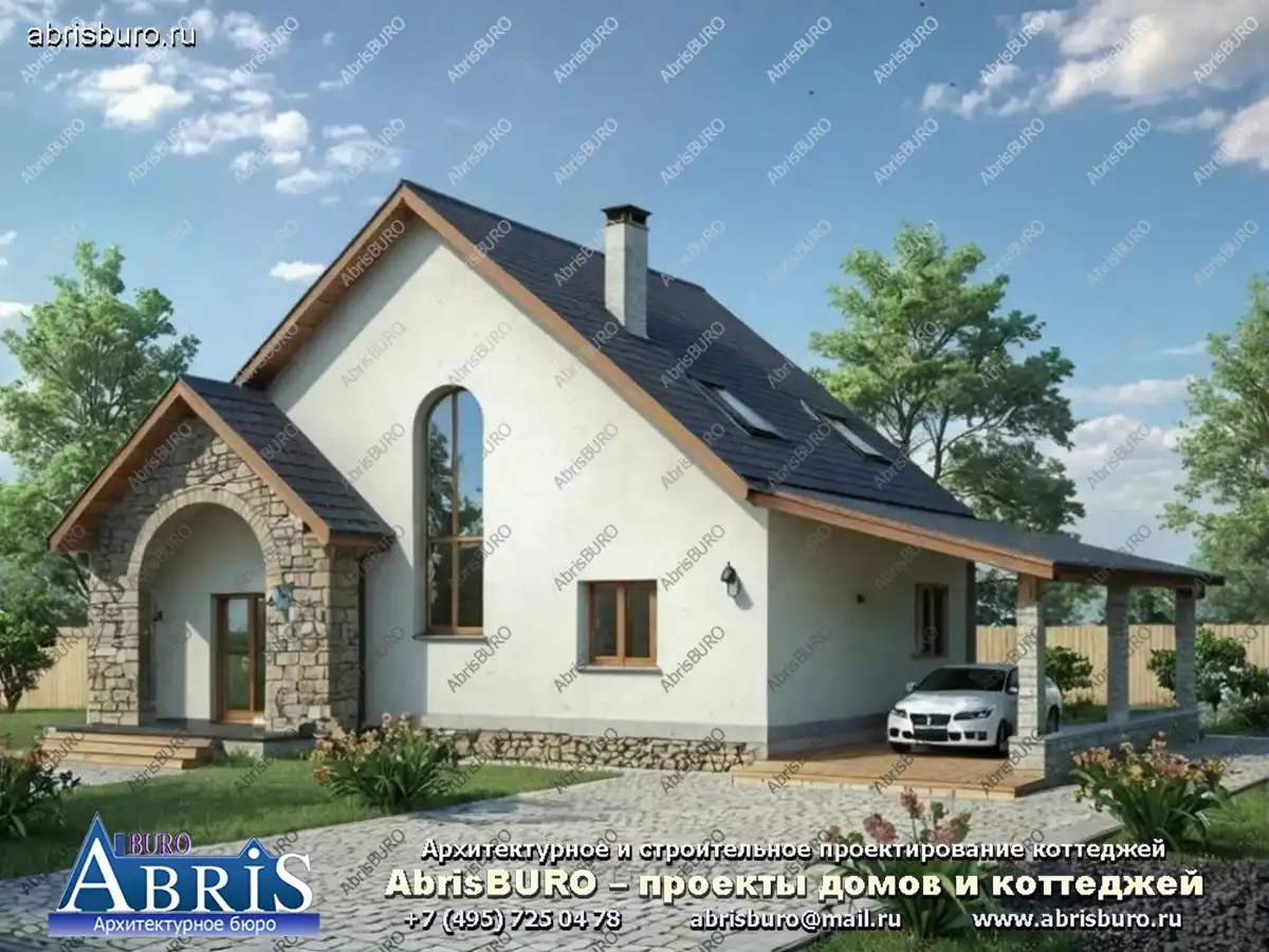 Проект мансардного коттеджа с террасой и крытым навесом для машины K14-150 с габаритными размерами 13,1х10,3 м, общей площадью 148,5 м2