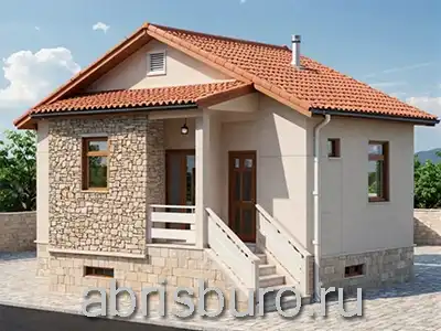 K0213-43 Проект одноэтажного дома с комнатой, крыльцом и двухскатной крышей общей площадь 43,4 кв.м. и габаритными размерами 6,97 х 8,63 м.