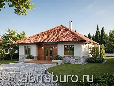 K0219-99 Проект одноэтажного коттеджа с 3 спальнями, крыльцом, террасой и вальмовой крышей общей площадь 99,35 кв.м. и габаритными размерами 11,18 х 12,7 м.