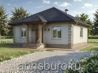 K0221-92 Готовый проект одноэтажного уютного коттеджа с тремя спальнями, вальмовой крышей общей площадью 92,2 м2 и габаритными размерами 10,8 х10,8 м из газобетонных блоков. Удачный 1-но этажный коттедж - авторский проект красивого дома в архитектурном бюро ABRISBURO