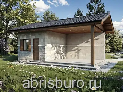 K0222-39 Проект хозблока с террасой и двухскатной крышей из пеноблоков общей площадью 39,05 кв.м. и габаритными размерами 9,0 х 4,8 метров