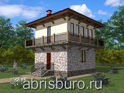 K0229-44 Проект компактного двухэтажного квадратного гостевого дома с балконом по всему периметру, кухней-гостиной на первом этаже и гостевой комнатой на втором из газобетонных блоков общей площадью 44,53 м2 и габаритными размерами 6,0 x 6,0 м.