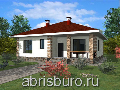 K0230-95 Проект одноэтажного коттеджа с 4 спальнями, большим крыльцом и вальмовой крышей из газобетонных блоков общей площадь 95,7 кв.м. и габаритными размерами 12,0 x 11,5 м.