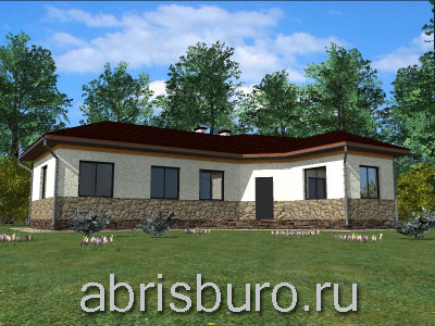 K0231-79 Проект одноэтажного Г-образного дома с кухней-гостиной и двумя спальнями из газобетонных блоков общей площадь 79,26 кв.м. и габаритными размерами 14,3 x 11,0 м.