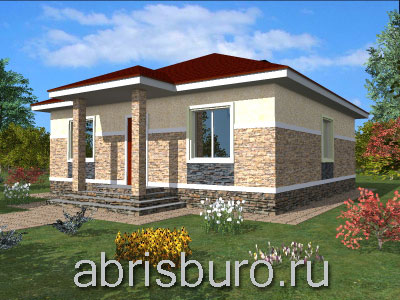 K0233-90 K0233-90 Проект одноэтажного, небольшого, квадратного коттеджа с крыльцом, четырехскатной крышей и двумя спальнями из газобетонных блоков общей площадью 89,87 м2 и габаритными размерами 10,3 x 10,3 м
