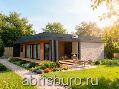 K0242-83 Проект одноэтажного коттеджа в стиле хай-тек с плоской кровлей и 2 спальнями