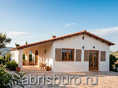 K0244-84 Проект одноэтажного коттеджа в средиземноморском стиле с 2 спальнями и крытой террасой общей площадью S=82,11 м2 и габаритными размерами 12,95 х 11,7 метров от архитектурного бюро ABRISBURO