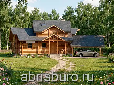 K0256-61: Проект мансардной деревянной бани с купелью, парилкой, каминной, комнатой отдыха и навесом для авто