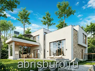 K1745-165 Проект 2-х этажного коттеджа в стиле хай-тек с тремя спальнями, двумя террасами и крытой парковкой для авто