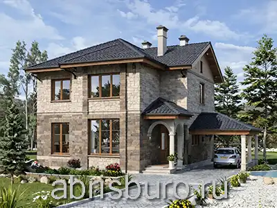 K1749-167 Проект 2-х этажного классического коттеджа в итальянском стиле с 3 спальнями, сауной, арочным крыльцом, террасой и крытой парковкой для авто общей площадью 167,1 м2 и габаритными размерами 13,98 х 9,84 м.