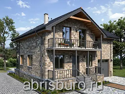 K1753-179 Проект 2-х этажного коттеджа с 3 спальнями, двумя балконами, крыльцом, террасой и гаражом для авто общей площадью 178,8 м2 и габаритными размерами 10,5 х 12,3 м.