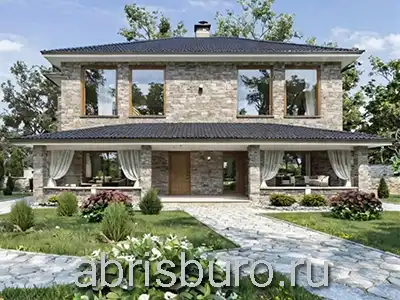 K1754-199 Проект 2-х этажного коттеджа в современном стиле с большими окнами, 4 спальнями, оранжереей, террасой и вальмовой крышей общей площадью 199,0 м2 и габаритными размерами 14,4 х 9,64 м.