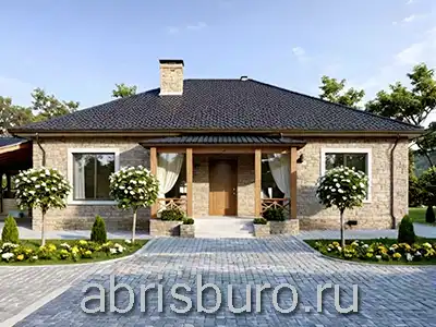 K1755-157 Проект одноэтажного коттеджа из газобетонных блоков с крыльцом, террасой, 3 спальнями и и навесом для авто общей площадью 157,86 м2 с габаритными размерами 15,33 х 14,91 метров