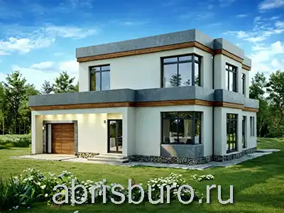 K1756-198 Проект двухэтажного дома с гаражом, террасой и балконом в современном стиле High-tech общей площадью 197,86 м2 и габаритными размерами 14,5 х 13,5 м.