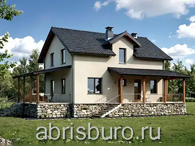 K1757-157 Компактный, уютный мансардный дом с террасой, крыльцом и подвалом от архитектурного бюро ABRISBURO общей площадью 157,34 м2 и габаритными размерами 10,4 х 7,4 м.