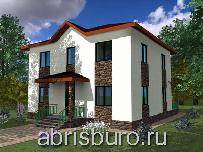 K1766-199 Проект 2-х этажного семейного коттеджа с террасой, крыльцом, четырьмя спальнями и кабинетом общей площадью 199,62 м2 и габаритными размерами 11,0 х 10,0 м из газобетонных блоков.