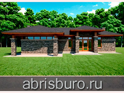 Проект одноэтажного коттеджа K1768-197 с большой гостиной, тремя спальнями террасой и крытым навесом для двух автомобилей в стиле Фрэнка Ллойда Райта