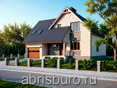 Проект коттеджа K1770-192 со вторым мансардным этажом, пристроенным гаражом, балконом и террасой