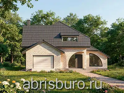 K1781-198 Проект мансардного коттеджа с гаражом, верандой и тремя спальнями