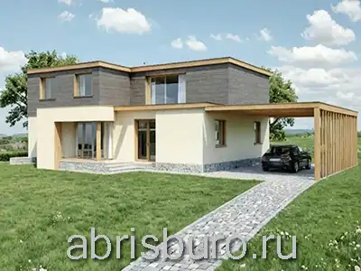 K2107-228 Проект двухэтажного коттеджа с гаражом, террасой и балконом в стиле hi-tech