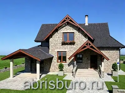 K2148-218 Проект 2-х этажного мансардного коттеджа с 3 спальнями, террасой, балконом и гаражом для автомобиля общей площадью 218,09 м2 и габаритными размерами 15,96 х 9,94 м.