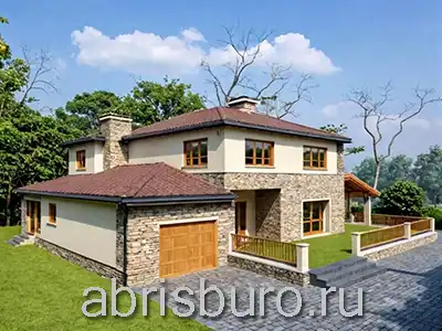 K2149-249 Проект двухэтажного коттеджа с 4 спальнями, вторым светом, гаражом и вальмовой крышей общей площадью 248,56 м2 и габаритными размерами 12,98 х 12,08 м.