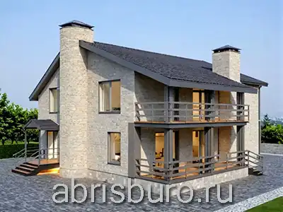 K2150-235 Проект двухэтажного коттеджа с 4 спальнями, гостевой комнатой, крыльцом, террасой, балконом и двухскатной крышей общей площадью 234,72 м2 и габаритными размерами 15,98 х 13,04 м.