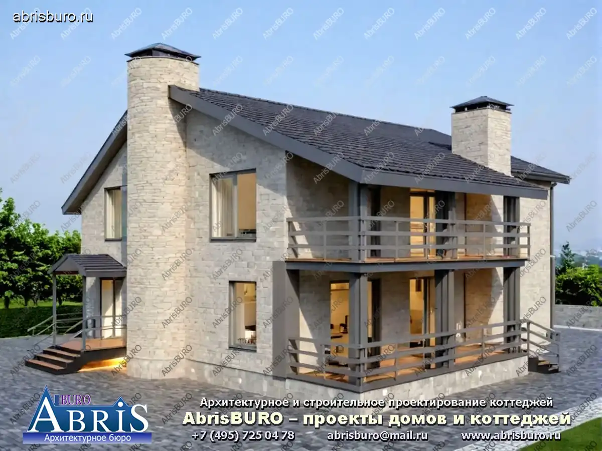 K2150-235 Проект двухэтажного коттеджа с 4 спальнями, гостевой комнатой, крыльцом, террасой, балконом и двухскатной крышей общей площадью 234,72 м2 и габаритными размерами 15,98 х 13,04 м.